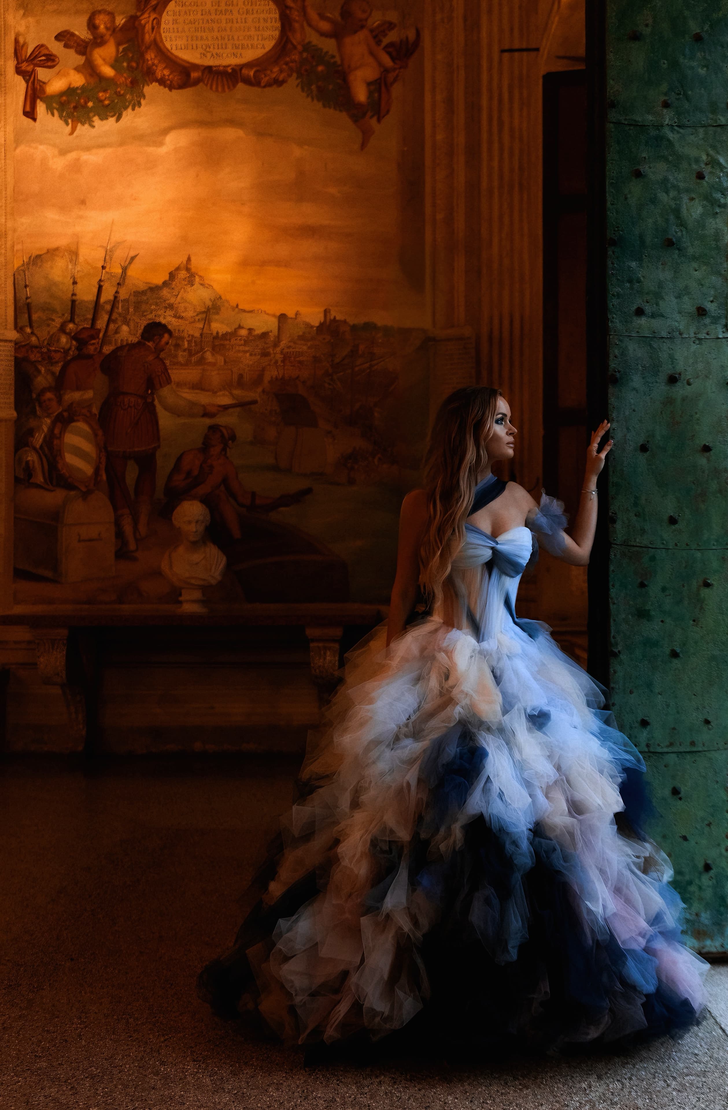Veronika brook photo shoot in a dress in a museum room